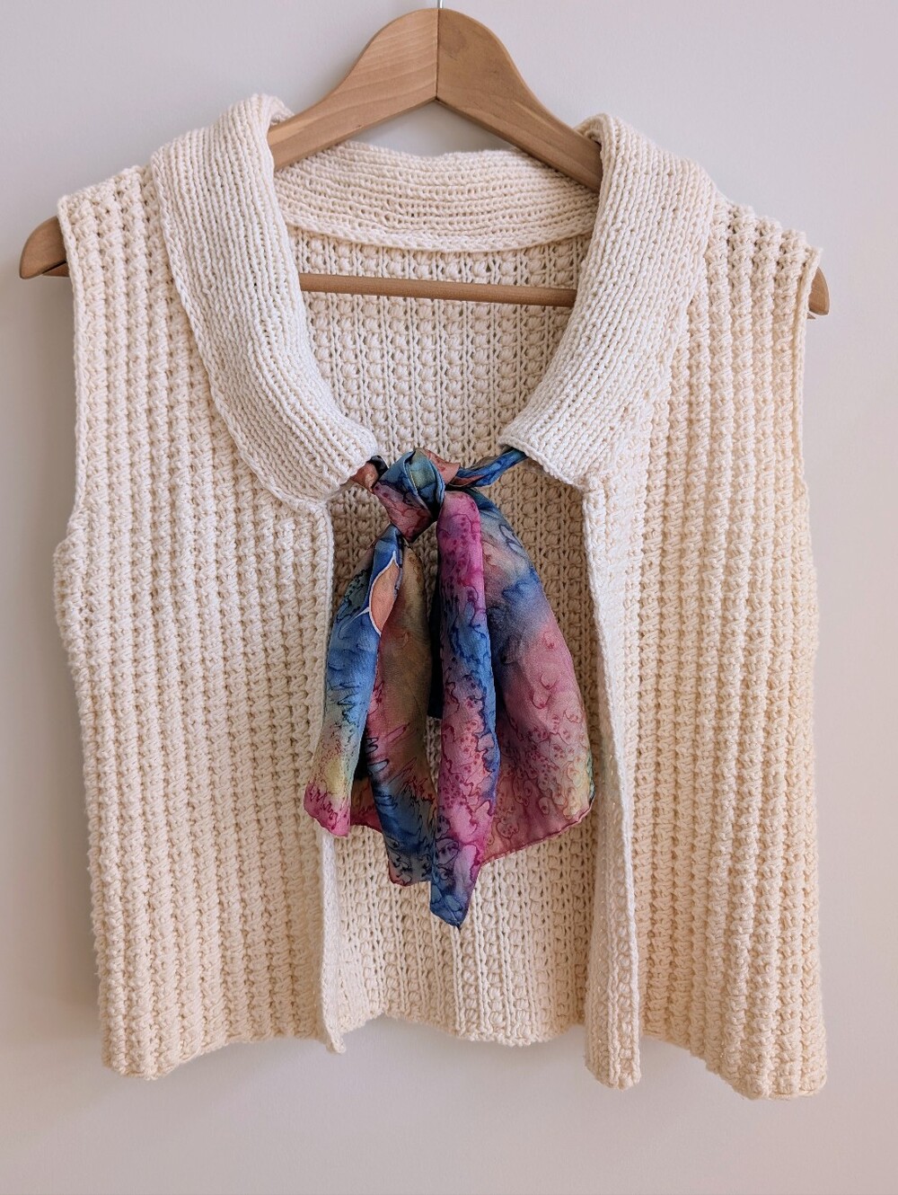 Handmade Cream Knit Sweater Vest Top With Scarf Tie Through Collar Approx Small